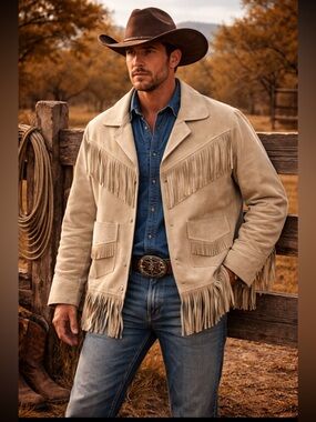 Armando's Mens Genuine Leather Suede Fringe Jacket Size 46 Tan Western Rodeo VTG